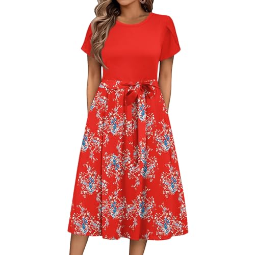 Sommerkleid Damen Knielang Elegant Blumen Kleid Damen Sommer A Linie Sommerkleider Leicht Und Luftig Strandkleid Frauen Tailliert Damenkleider Kurzarm Kleider mit Gürtel Blumenkleid von Ansenesna