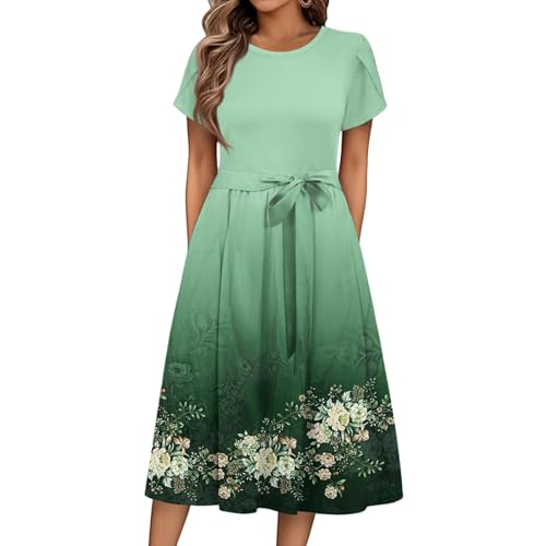 Sommerkleid Damen Knielang Elegant Blumen Kleid Damen Sommer A Linie Sommerkleider Leicht Und Luftig Strandkleid Frauen Tailliert Damenkleider Kurzarm Kleider mit Gürtel Blumenkleid von Ansenesna