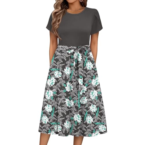 Sommerkleid Damen Knielang Elegant Blumen Kleid Damen Sommer A Linie Sommerkleider Leicht Und Luftig Strandkleid Frauen Tailliert Damenkleider Kurzarm Kleider mit Gürtel Blumenkleid von Ansenesna