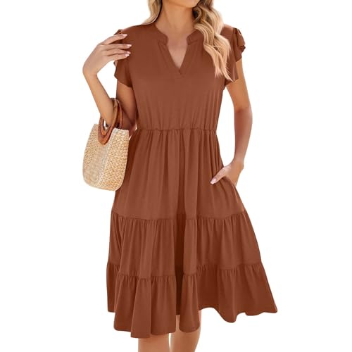Sommerkleid Damen Knielang Elegant Kleid Damen Sommer V Ausschnitt Elegante Kleider Rüschenärmel Tailliert Sommerkleider Damen Leicht und Luftig Strandkleid Frauen A Linie Damenkleider von Ansenesna