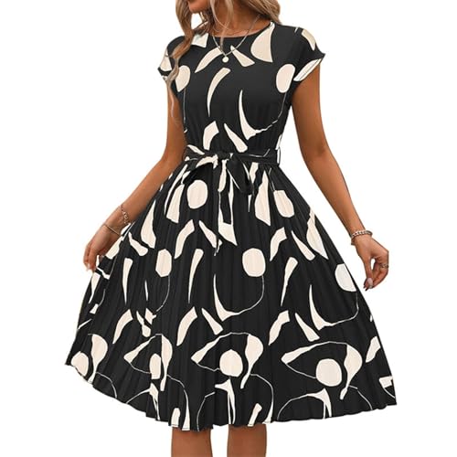 Sommerkleid Damen Knielang Elegant Kleider Damen Sommer A Linie mit Ärmel Blumen Sommerkleider Leicht Und Luftig Plisseekleid Frauen mit Gürtel Damenkleider Schick Plissee Kleid von Ansenesna