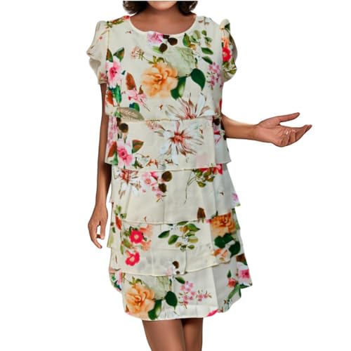 Sommerkleid Damen Kurz A Linie Blumen Kleider Damen Sommer Elegant Chiffon Kleid Frauen mit Ärmel Sommerkleider Leicht Schickes Damenkleider Kurze Ärmel Chiffonkleid Leopard Stufenkleid von Ansenesna