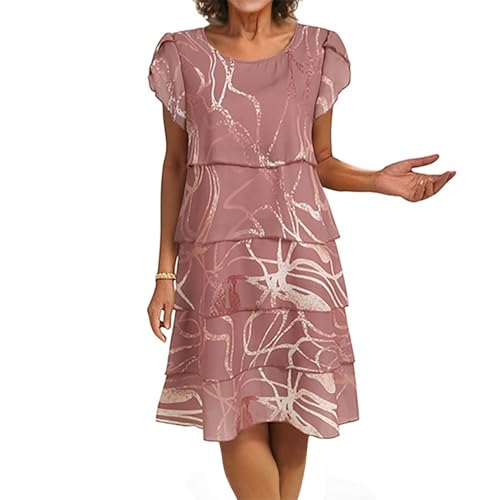 Sommerkleid Damen Kurz A Linie Blumen Kleider Damen Sommer Elegant Chiffon Kleid Frauen mit Ärmel Sommerkleider Leicht Schickes Damenkleider Kurze Ärmel Chiffonkleid Leopard Stufenkleid von Ansenesna