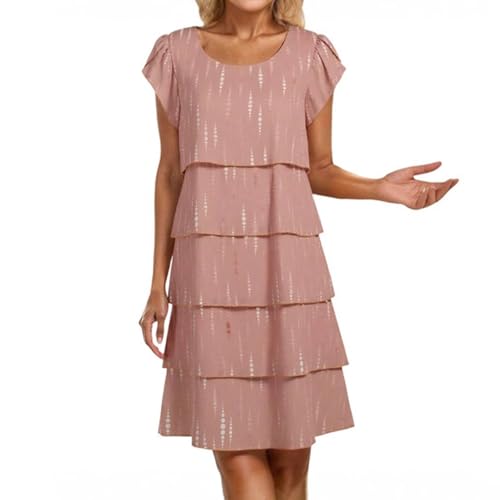 Sommerkleid Damen Kurz A Linie Blumen Kleider Damen Sommer Elegant Chiffon Kleid Frauen mit Ärmel Sommerkleider Leicht Schickes Damenkleider Kurze Ärmel Chiffonkleid Leopard Stufenkleid von Ansenesna