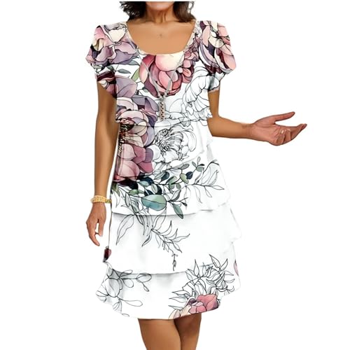 Sommerkleid Damen Kurz A Linie Blumen Kleider Damen Sommer Elegant Chiffon Kleid Frauen mit Ärmel Sommerkleider Leicht Schickes Damenkleider Kurze Ärmel Chiffonkleid Leopard Stufenkleid von Ansenesna