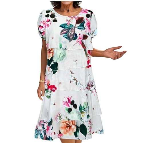 Sommerkleid Damen Kurz A Linie Blumen Kleider Damen Sommer Elegant Chiffon Kleid Frauen mit Ärmel Sommerkleider Leicht Schickes Damenkleider Kurze Ärmel Chiffonkleid Leopard Stufenkleid von Ansenesna