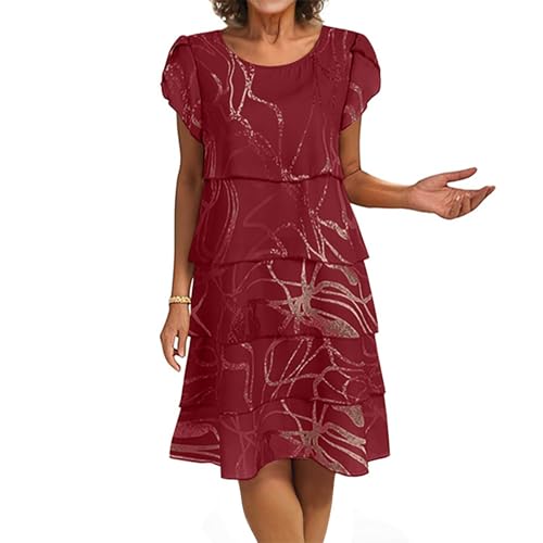 Sommerkleid Damen Kurz A Linie Blumen Kleider Damen Sommer Elegant Chiffon Kleid Frauen mit Ärmel Sommerkleider Leicht Schickes Damenkleider Kurze Ärmel Chiffonkleid Leopard Stufenkleid von Ansenesna