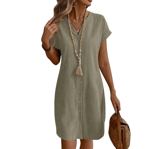 Sommerkleid Damen Kurz A Linie Blusenkleid Damen Sommer Elegant Tunika Kleid mit Ärmel Kurzarm Sommerkleider Leicht Kleider Frauen V Ausschnitt Einfarbig Damenkleider mit Knopfleiste von Ansenesna