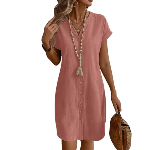 Sommerkleid Damen Kurz A Linie Blusenkleid Damen Sommer Elegant Tunika Kleid mit Ärmel Kurzarm Sommerkleider Leicht Kleider Frauen V Ausschnitt Einfarbig Damenkleider mit Knopfleiste von Ansenesna