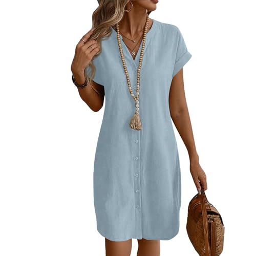 Sommerkleid Damen Kurz A Linie Blusenkleid Damen Sommer Elegant Tunika Kleid mit Ärmel Kurzarm Sommerkleider Leicht Kleider Frauen V Ausschnitt Einfarbig Damenkleider mit Knopfleiste von Ansenesna