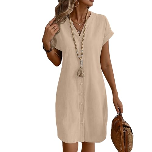 Sommerkleid Damen Kurz A Linie Blusenkleid Damen Sommer Elegant Tunika Kleid mit Ärmel Kurzarm Sommerkleider Leicht Kleider Frauen V Ausschnitt Einfarbig Damenkleider mit Knopfleiste von Ansenesna