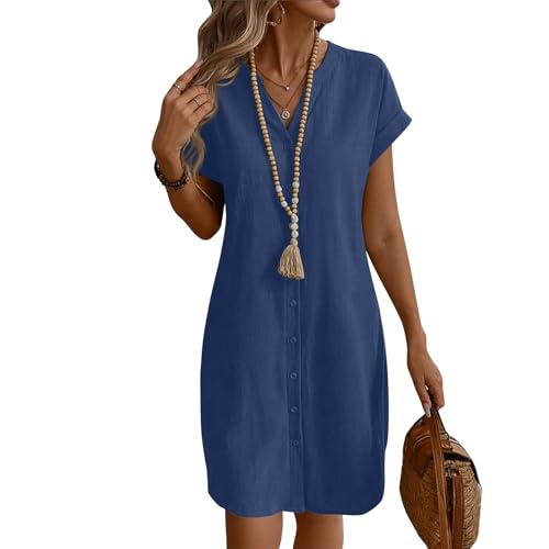 Sommerkleid Damen Kurz A Linie Blusenkleid Damen Sommer Elegant Tunika Kleid mit Ärmel Kurzarm Sommerkleider Leicht Kleider Frauen V Ausschnitt Einfarbig Damenkleider mit Knopfleiste von Ansenesna
