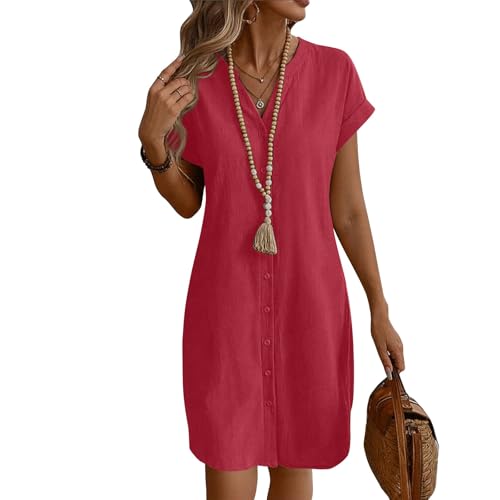 Sommerkleid Damen Kurz A Linie Blusenkleid Damen Sommer Elegant Tunika Kleid mit Ärmel Kurzarm Sommerkleider Leicht Kleider Frauen V Ausschnitt Einfarbig Damenkleider mit Knopfleiste von Ansenesna