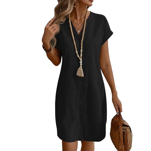 Sommerkleid Damen Kurz A Linie Blusenkleid Damen Sommer Elegant Tunika Kleid mit Ärmel Kurzarm Sommerkleider Leicht Kleider Frauen V Ausschnitt Einfarbig Damenkleider mit Knopfleiste von Ansenesna