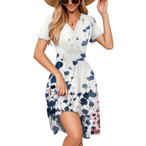 Sommerkleid Damen Kurz Curvy Tailliert Elegante Kleider Damen Sommer A Linie Blumen Sommerkleider Leicht Und Luftig Damenkleider V Ausschnitt Kleid Frauen mit Ärmel Blumenkleid von Ansenesna