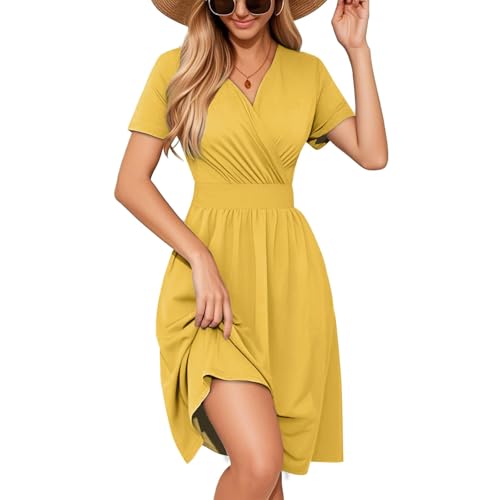 Sommerkleid Damen Kurz Curvy Tailliert Elegante Kleider Damen Sommer A Linie Blumen Sommerkleider Leicht Und Luftig Damenkleider V Ausschnitt Kleid Frauen mit Ärmel Blumenkleid von Ansenesna