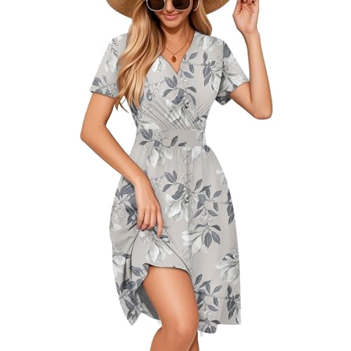 Sommerkleid Damen Kurz Curvy Tailliert Elegante Kleider Damen Sommer A Linie Blumen Sommerkleider Leicht Und Luftig Damenkleider V Ausschnitt Kleid Frauen mit Ärmel Blumenkleid von Ansenesna