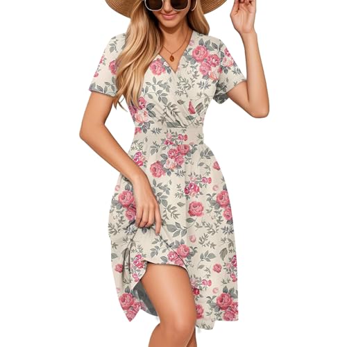 Sommerkleid Damen Kurz Curvy Tailliert Elegante Kleider Damen Sommer A Linie Blumen Sommerkleider Leicht Und Luftig Damenkleider V Ausschnitt Kleid Frauen mit Ärmel Blumenkleid von Ansenesna