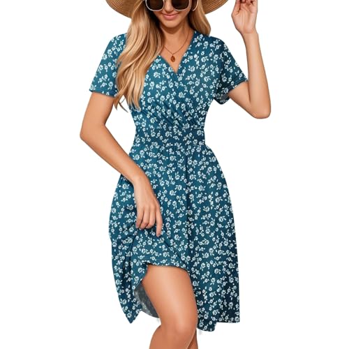 Sommerkleid Damen Kurz Curvy Tailliert Elegante Kleider Damen Sommer A Linie Blumen Sommerkleider Leicht Und Luftig Damenkleider V Ausschnitt Kleid Frauen mit Ärmel Blumenkleid von Ansenesna