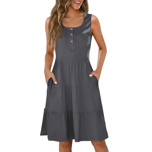 Sommerkleid Damen Kurz Elegant Blumen Kleid Damen Sommer A Linie Rüschen Kleider Frauen Ärmellos mit Taschen Damenkleider Punkte Tailliert Blumenkleid Volant Schickes Sommerkleider von Ansenesna