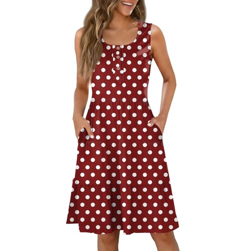 Sommerkleid Damen Kurz Elegant Blumen Kleid Damen Sommer A Linie Rüschen Kleider Frauen Ärmellos mit Taschen Damenkleider Punkte Tailliert Blumenkleid Volant Schickes Sommerkleider von Ansenesna