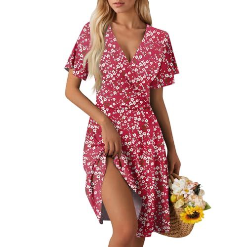 Sommerkleid Damen Kurz Elegant Blumen Kleid Damen Sommer A Linie Strandkleid Leicht Und Luftig Curvy Kleider Frauen V Ausschnitt Wickelkleid Tailliert Damenkleider Geblümt Blumenkleid von Ansenesna