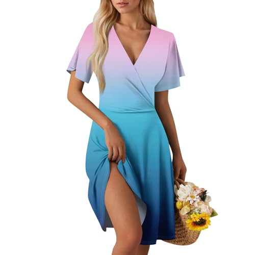 Sommerkleid Damen Kurz Elegant Blumen Kleid Damen Sommer A Linie Strandkleid Leicht Und Luftig Curvy Kleider Frauen V Ausschnitt Wickelkleid Tailliert Damenkleider Geblümt Blumenkleid von Ansenesna