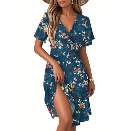 Sommerkleid Damen Kurz Elegant Blumen Kleid Damen Sommer A Linie Wickelkleid Curvy V Ausschnitt Strandkleid Leicht Und Luftig Kleider Frauen mit Ärmel Blumenkleid Kurzarm Damenkleider von Ansenesna