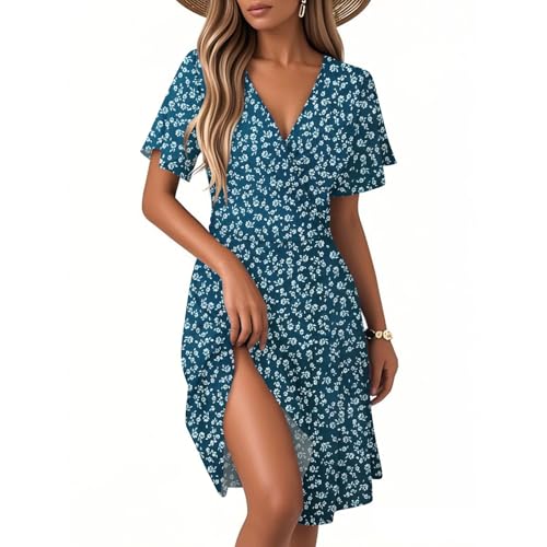 Sommerkleid Damen Kurz Elegant Blumen Kleid Damen Sommer A Linie Wickelkleid Curvy V Ausschnitt Strandkleid Leicht Und Luftig Kleider Frauen mit Ärmel Blumenkleid Kurzarm Damenkleider von Ansenesna