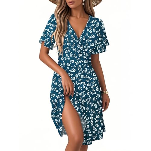 Sommerkleid Damen Kurz Elegant Blumen Kleid Damen Sommer A Linie Wickelkleid Curvy V Ausschnitt Strandkleid Leicht Und Luftig Kleider Frauen mit Ärmel Blumenkleid Kurzarm Damenkleider von Ansenesna
