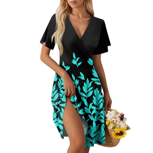 Sommerkleid Damen Kurz Elegant Curvy Kleid Damen Sommer Blumen A Linie Strandkleid Leicht Und Luftig Kleider Frauen V Ausschnitt Wickelkleid Tailliert Blumenkleid Geblümt Damenkleider von Ansenesna
