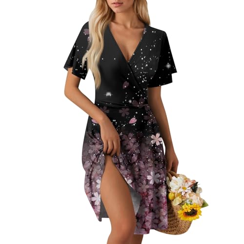 Sommerkleid Damen Kurz Elegant Curvy Kleid Damen Sommer Blumen A Linie Strandkleid Leicht Und Luftig Kleider Frauen V Ausschnitt Wickelkleid Tailliert Blumenkleid Geblümt Damenkleider von Ansenesna