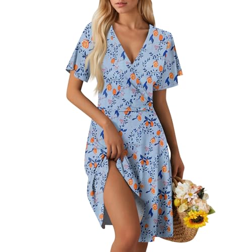Sommerkleid Damen Kurz Elegant Curvy Kleid Damen Sommer Blumen A Linie Strandkleid Leicht Und Luftig Kleider Frauen V Ausschnitt Wickelkleid Tailliert Blumenkleid Geblümt Damenkleider von Ansenesna