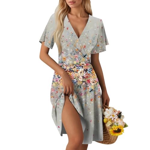 Sommerkleid Damen Kurz Elegant Curvy Kleid Damen Sommer Blumen A Linie Strandkleid Leicht Und Luftig Kleider Frauen V Ausschnitt Wickelkleid Tailliert Blumenkleid Geblümt Damenkleider von Ansenesna