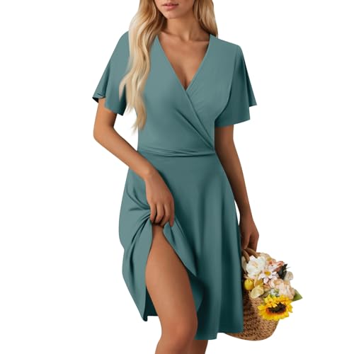 Sommerkleid Damen Kurz Elegant Curvy Kleid Damen Sommer Blumen A Linie Strandkleid Leicht Und Luftig Kleider Frauen V Ausschnitt Wickelkleid Tailliert Blumenkleid Geblümt Damenkleider von Ansenesna