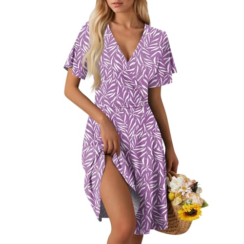 Sommerkleid Damen Kurz Elegant Curvy Kleid Damen Sommer Blumen A Linie Strandkleid Leicht Und Luftig Kleider Frauen V Ausschnitt Wickelkleid Tailliert Blumenkleid Geblümt Damenkleider von Ansenesna