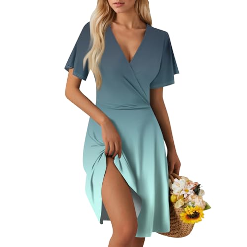 Sommerkleid Damen Kurz Elegant Curvy Kleid Damen Sommer Blumen A Linie Strandkleid Leicht Und Luftig Kleider Frauen V Ausschnitt Wickelkleid Tailliert Blumenkleid Geblümt Damenkleider von Ansenesna