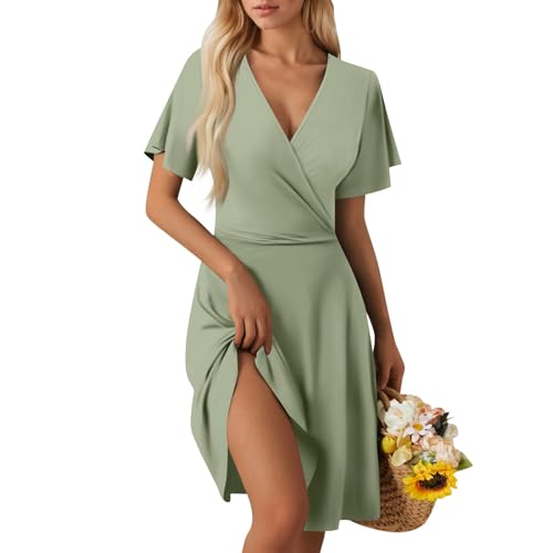 Sommerkleid Damen Kurz Elegant Curvy Kleid Damen Sommer Blumen A Linie Strandkleid Leicht Und Luftig Kleider Frauen V Ausschnitt Wickelkleid Tailliert Blumenkleid Geblümt Damenkleider von Ansenesna