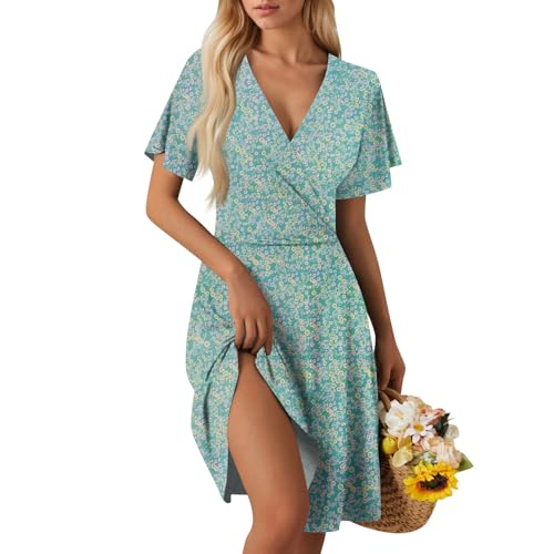 Sommerkleid Damen Kurz Elegant Curvy Kleid Damen Sommer Blumen A Linie Strandkleid Leicht Und Luftig Kleider Frauen V Ausschnitt Wickelkleid Tailliert Blumenkleid Geblümt Damenkleider von Ansenesna