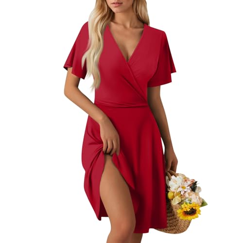 Sommerkleid Damen Kurz Elegant Curvy Kleid Damen Sommer Blumen A Linie Strandkleid Leicht Und Luftig Kleider Frauen V Ausschnitt Wickelkleid Tailliert Blumenkleid Geblümt Damenkleider von Ansenesna