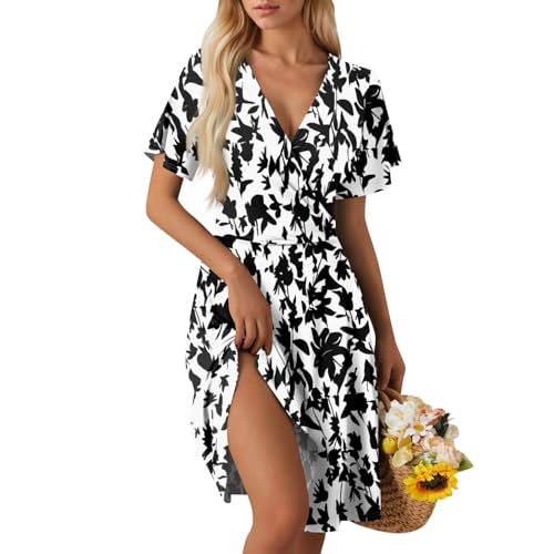 Sommerkleid Damen Kurz Elegant Curvy Kleid Damen Sommer Blumen A Linie Strandkleid Leicht Und Luftig Kleider Frauen V Ausschnitt Wickelkleid Tailliert Blumenkleid Geblümt Damenkleider von Ansenesna