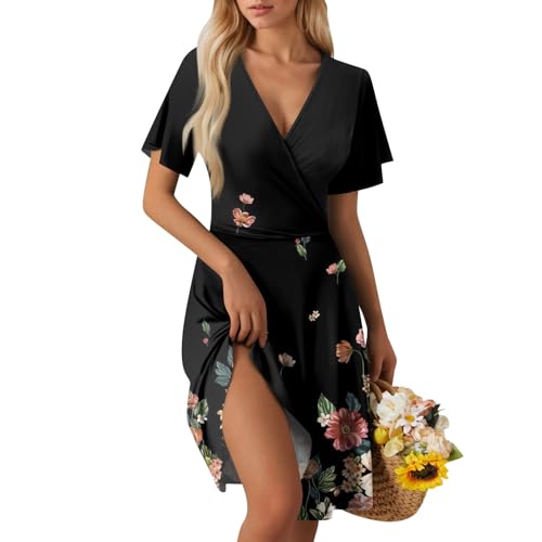 Sommerkleid Damen Kurz Elegant Curvy Kleid Damen Sommer Blumen A Linie Strandkleid Leicht Und Luftig Kleider Frauen V Ausschnitt Wickelkleid Tailliert Blumenkleid Geblümt Damenkleider von Ansenesna