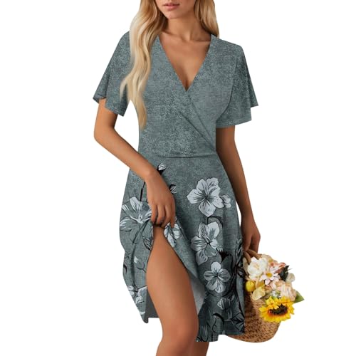 Sommerkleid Damen Kurz Elegant Curvy Kleid Damen Sommer Blumen A Linie Strandkleid Leicht Und Luftig Kleider Frauen V Ausschnitt Wickelkleid Tailliert Blumenkleid Geblümt Damenkleider von Ansenesna