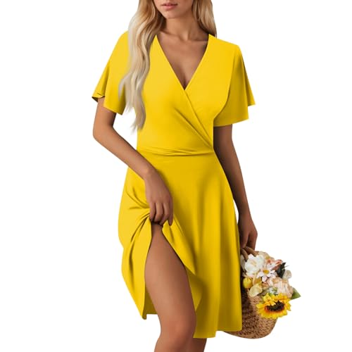 Sommerkleid Damen Kurz Elegant Curvy Kleid Damen Sommer Blumen A Linie Strandkleid Leicht Und Luftig Kleider Frauen V Ausschnitt Wickelkleid Tailliert Blumenkleid Geblümt Damenkleider von Ansenesna