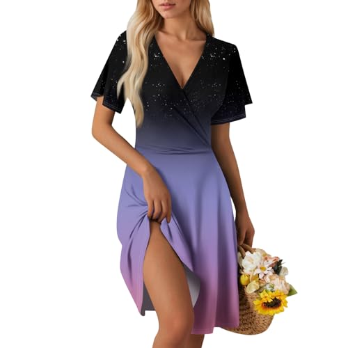 Sommerkleid Damen Kurz Elegant Curvy Kleid Damen Sommer Blumen A Linie Strandkleid Leicht Und Luftig Kleider Frauen V Ausschnitt Wickelkleid Tailliert Blumenkleid Geblümt Damenkleider von Ansenesna