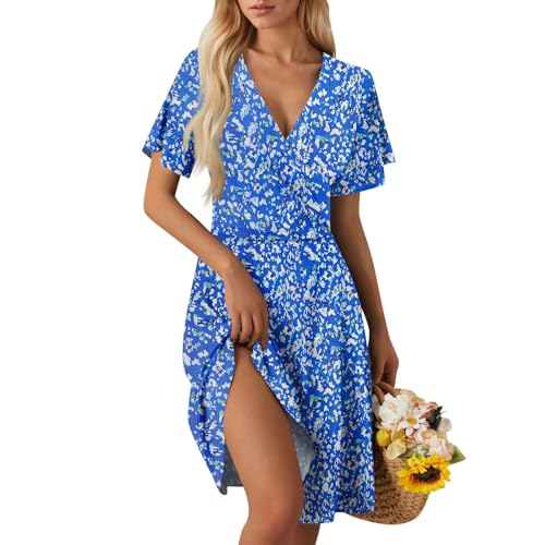 Sommerkleid Damen Kurz Elegant Curvy Kleid Damen Sommer Blumen A Linie Strandkleid Leicht Und Luftig Kleider Frauen V Ausschnitt Wickelkleid Tailliert Blumenkleid Geblümt Damenkleider von Ansenesna