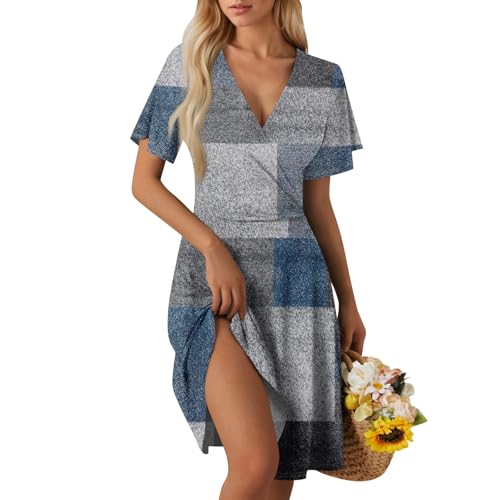 Sommerkleid Damen Kurz Elegant Curvy Kleid Damen Sommer Blumen A Linie Strandkleid Leicht Und Luftig Kleider Frauen V Ausschnitt Wickelkleid Tailliert Blumenkleid Geblümt Damenkleider von Ansenesna