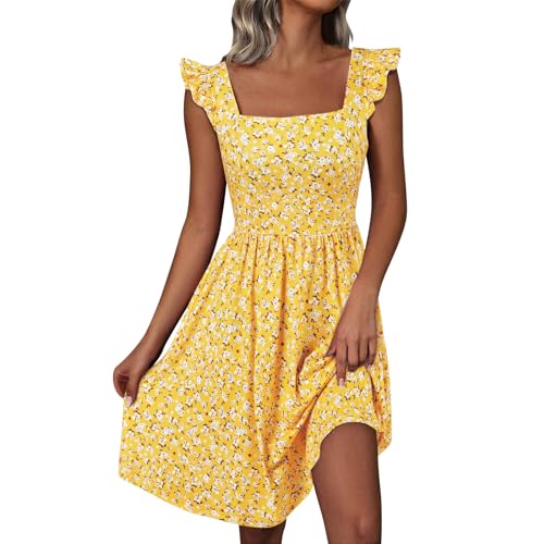 Sommerkleid Damen Kurz Elegant Kleider Damen Sommer Geblümt Sommerkleider Damen Leicht Und Luftig Skaterkleid Frauen A Linie Rüschen Damenkleider Quadratischer Ausschnitt Blumenkleid von Ansenesna