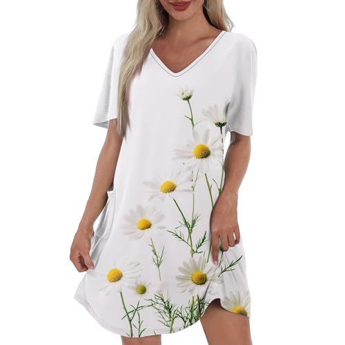 Sommerkleid Damen Kurz Elegant Tshirt Kleid Damen Sommer A Linie Shirtkleid Frauen Kurzarm V Ausschnitt Kleider mit Taschen Strandkleid Leicht Und Luftig Muster Damenkleider mit Ärmel von Ansenesna