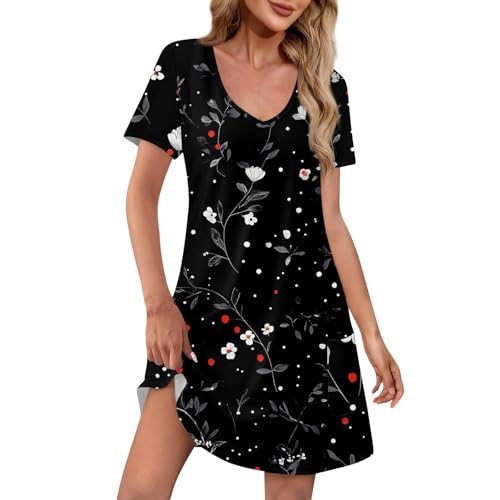 Sommerkleid Damen Kurz Elegant Tshirt Kleid Damen Sommer A Linie Shirtkleid Frauen Kurzarm V Ausschnitt Strandkleid Luftig Kleider mit Taschen Tropisches Muster Damenkleider mit Ärmel von Ansenesna